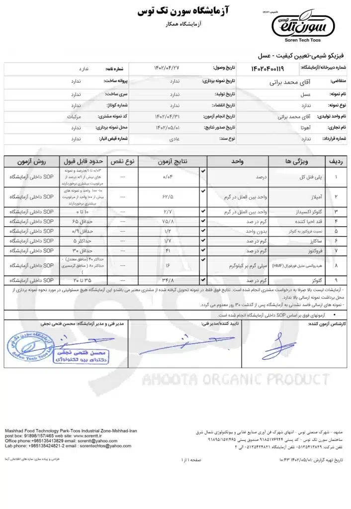 برگه آزمایشگاه عسل مرکبات