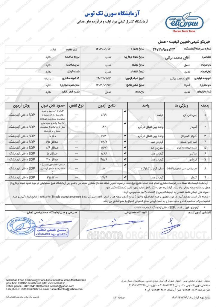 برگه آزمایش عسل رازیانه