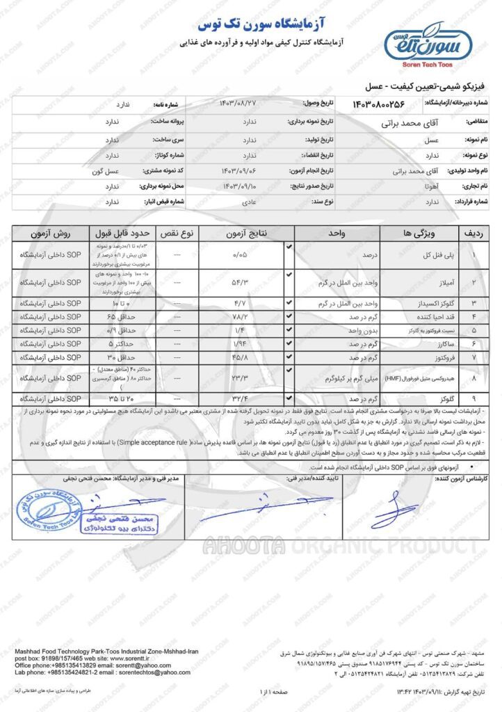 برگه آزمایش عسل گون