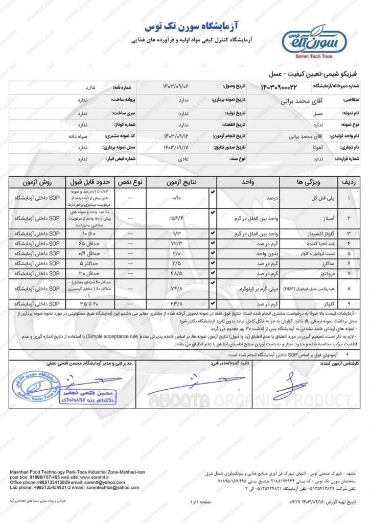 برگه آزمایشگاه عسل سیاهدانه