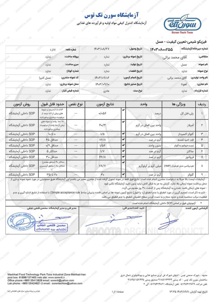 نتیجه آنالیز عسل کتیرا