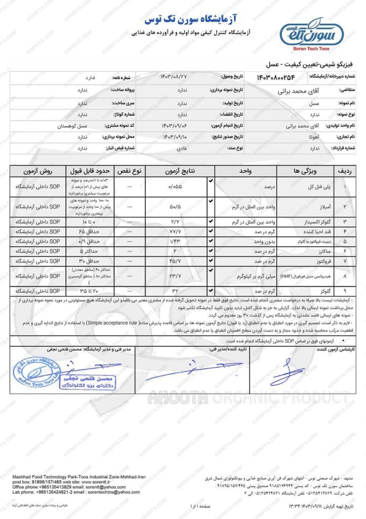 نتیجه آزمایش عسل کوهی