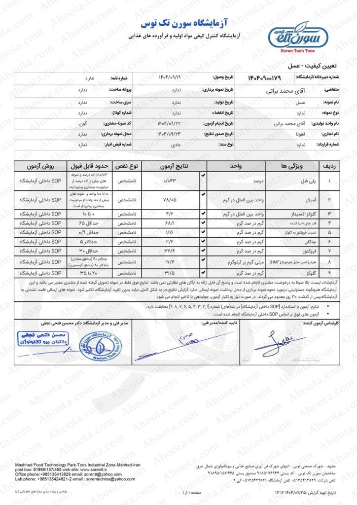 برگه آزمایش عسل گون 1404