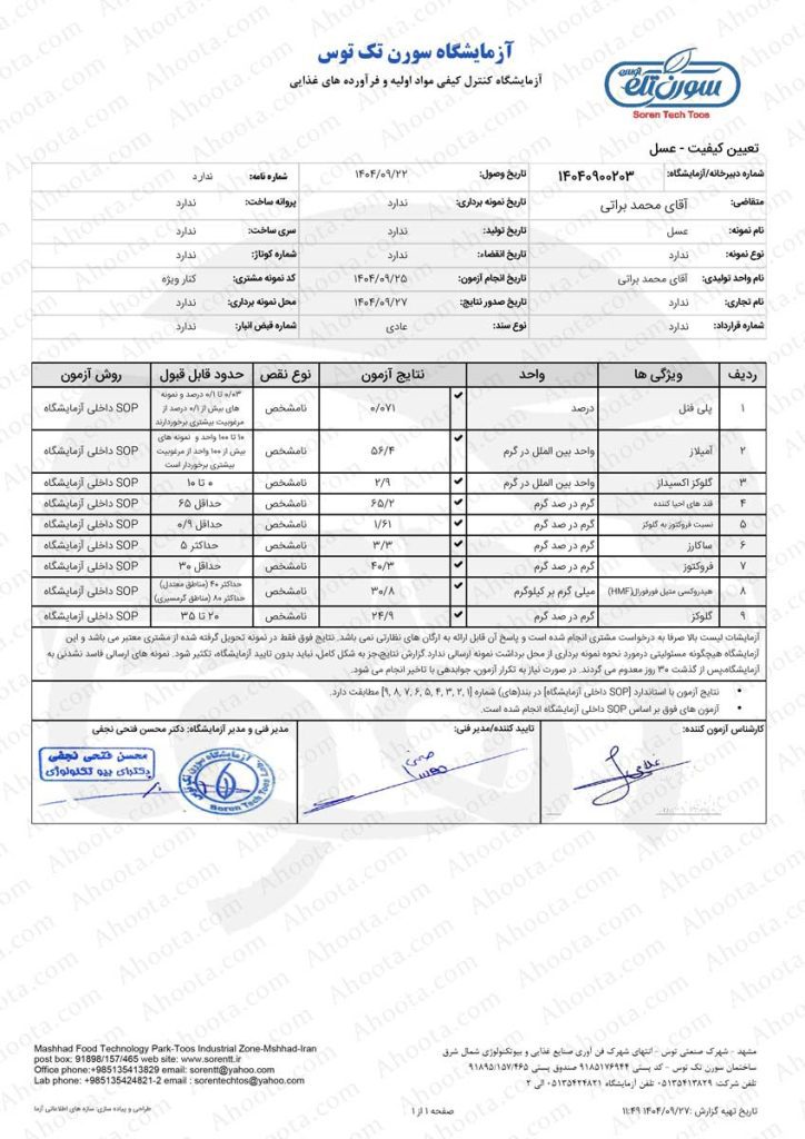 برگه آزمایش عسل کنار اعلاء 1404