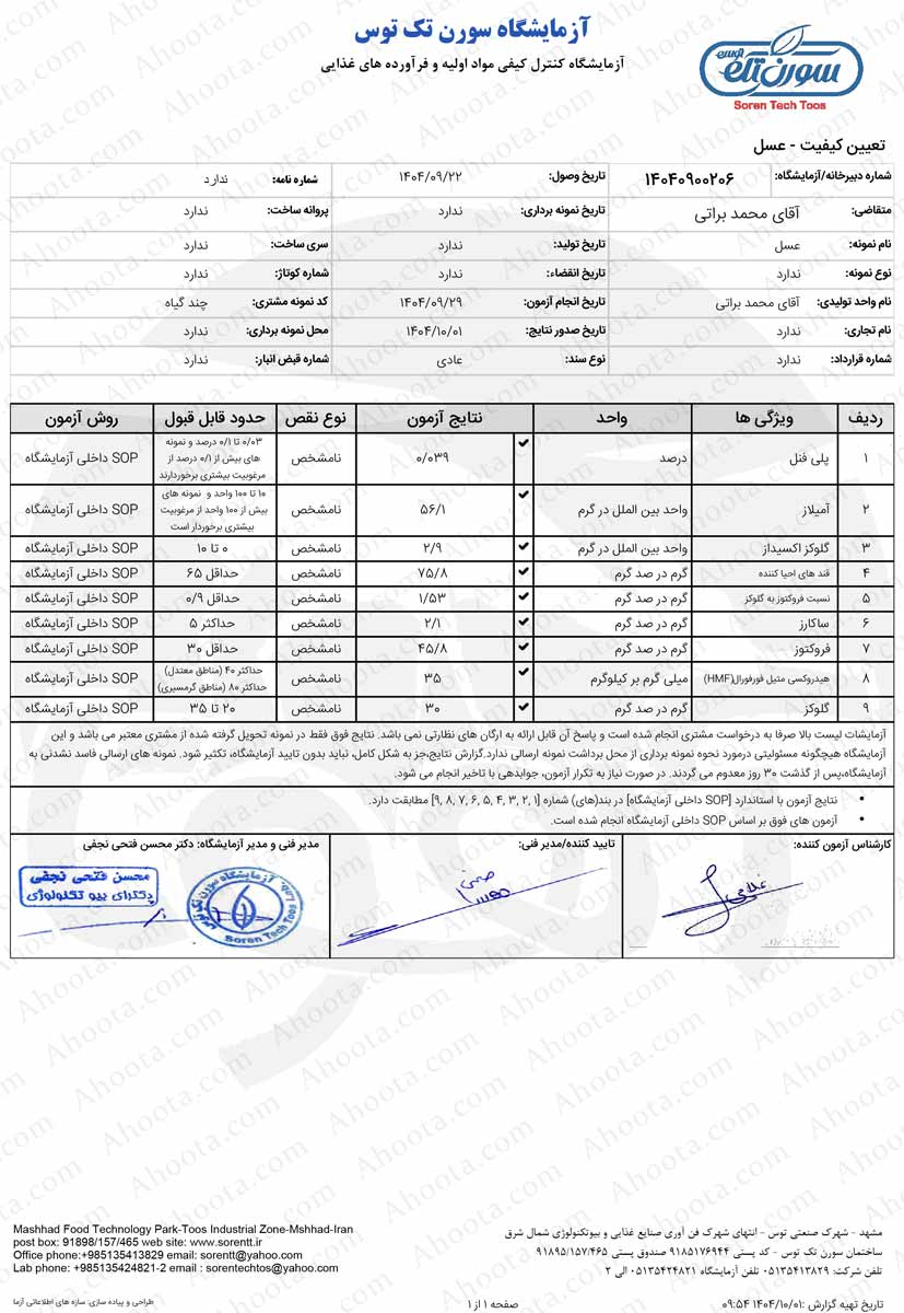 برگه آزمایش عسل چندگیاه 1404